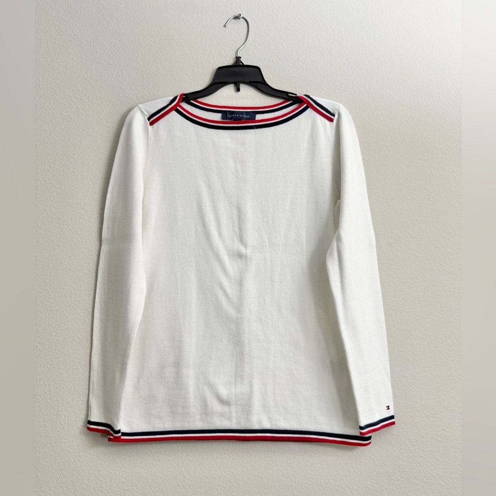 Off-White Long Sleeve Cotton-Blend Sweater With Red & Blue Trimmings Size S/P